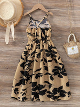 Young Girl's Casual Vacation Tropical Print Contrast Lace Strap Dress